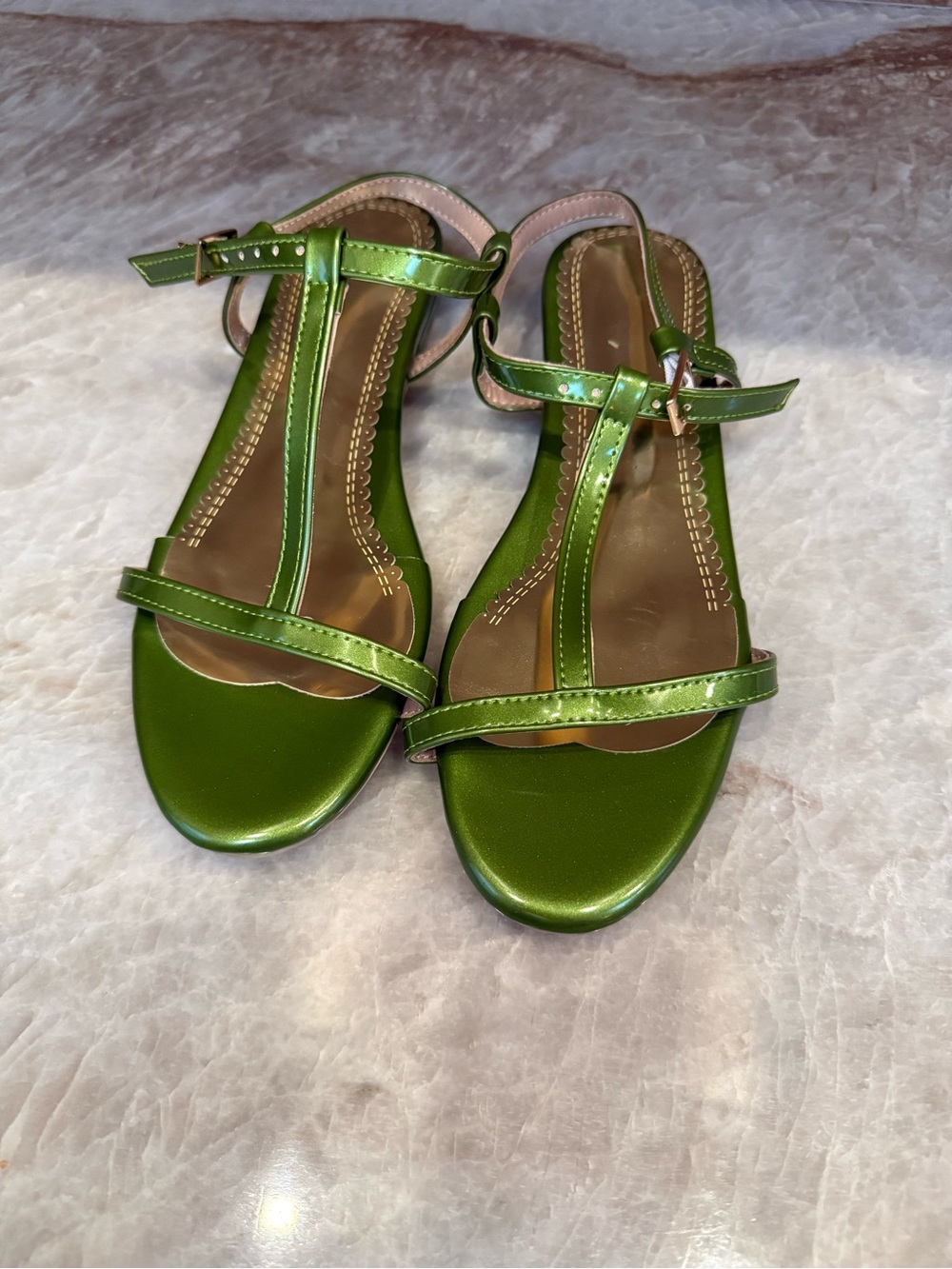 Metallic Green T-Strap Women's Sandals with Ankle Buckle